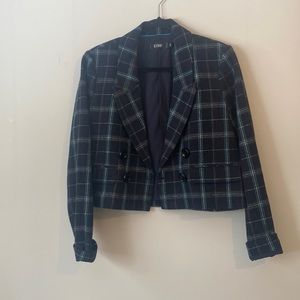 Navy Plaid Tweed Cropped Blazer